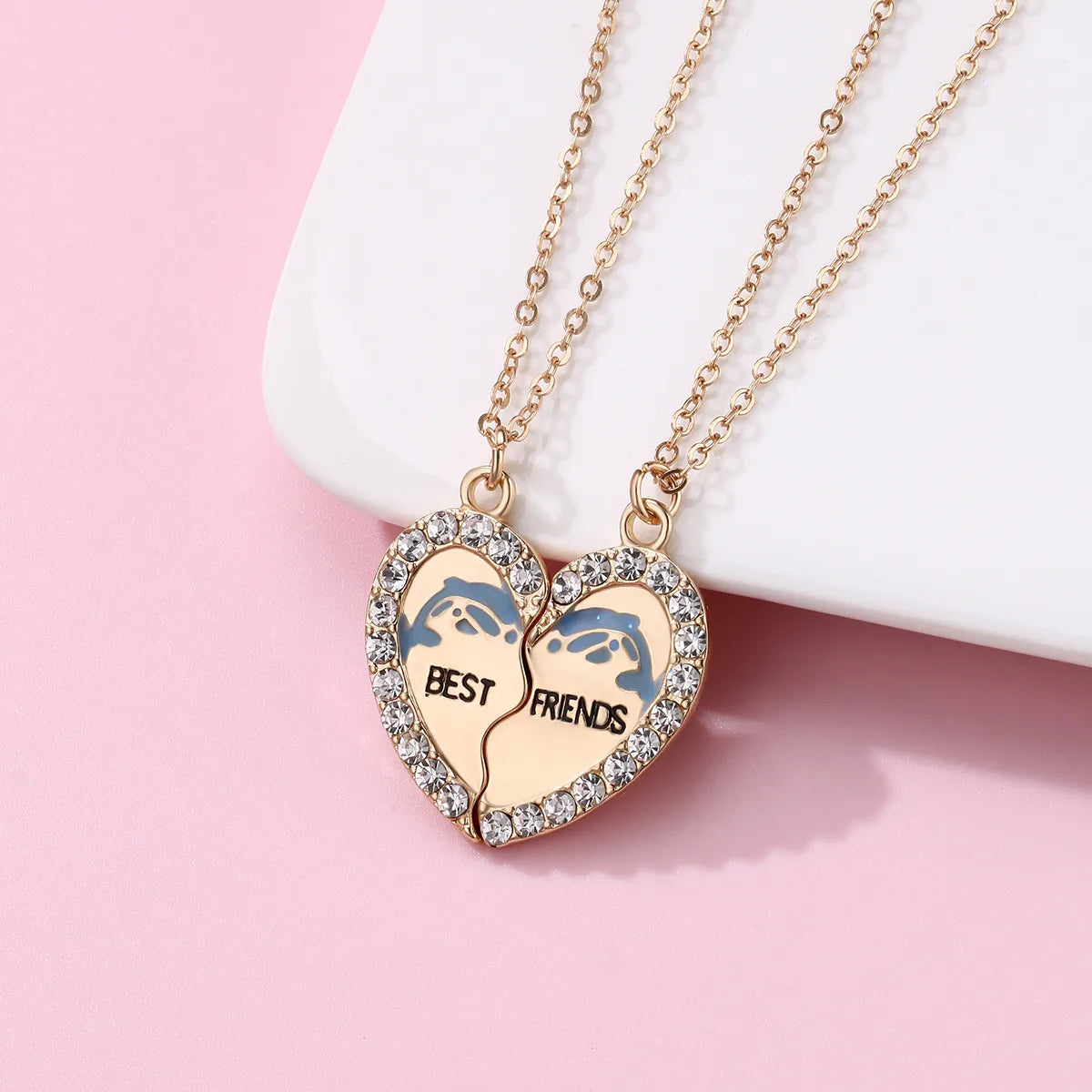 Set of 2 Dolphin Heart Friendship Necklaces - BFF Best Friends Forever - Fantasy - Silver Pendant and Chain