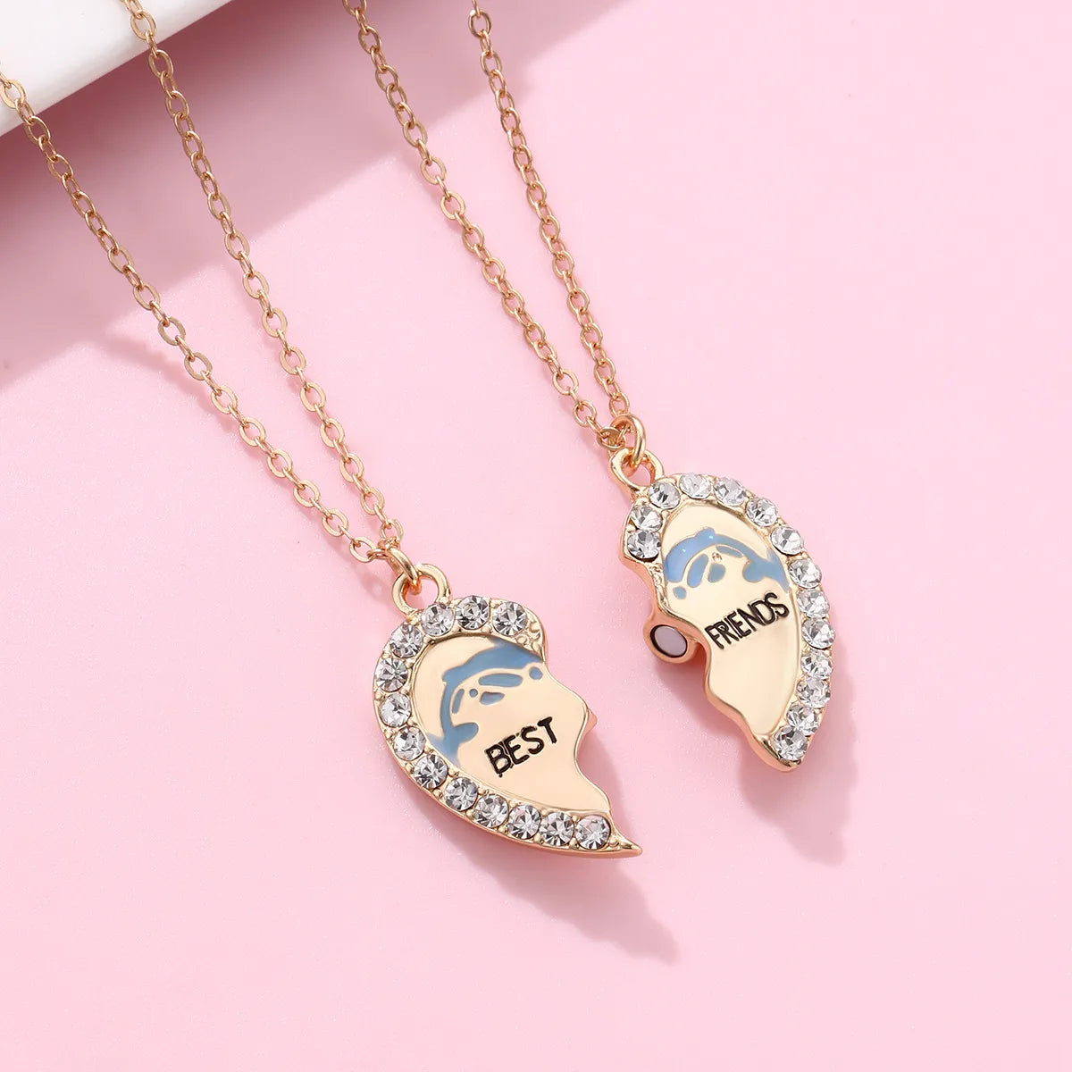 Set of 2 Dolphin Heart Friendship Necklaces - BFF Best Friends Forever - Fantasy - Silver Pendant and Chain