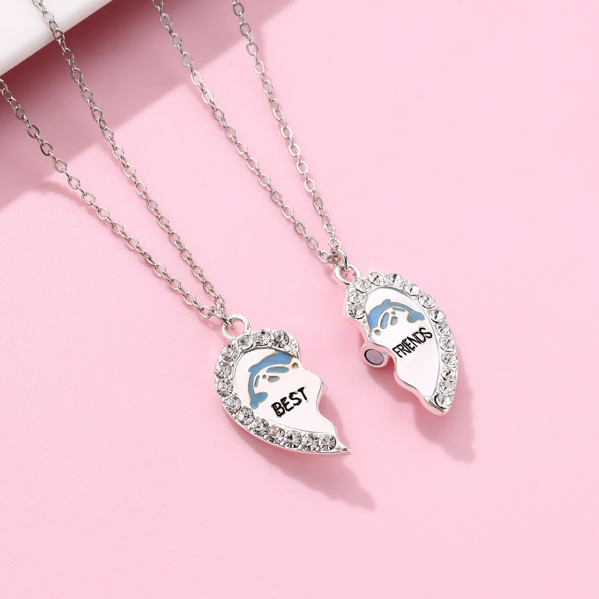 Set of 2 Dolphin Heart Friendship Necklaces - BFF Best Friends Forever - Fantasy - Silver Pendant and Chain