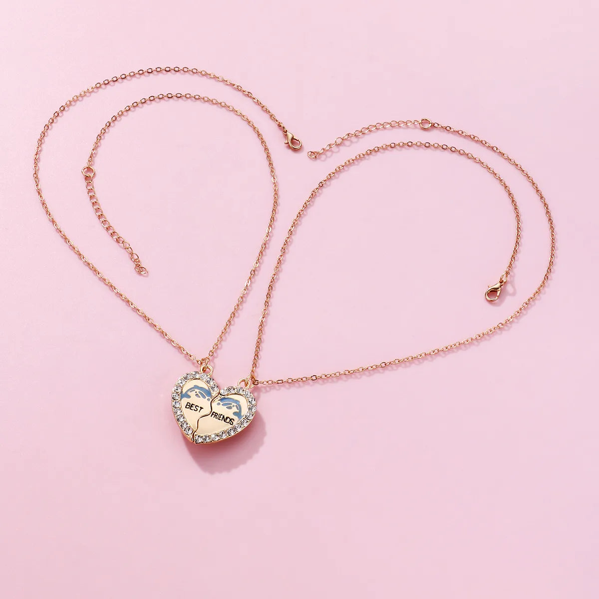 Set of 2 Dolphin Heart Friendship Necklaces - BFF Best Friends Forever - Fantasy - Silver Pendant and Chain