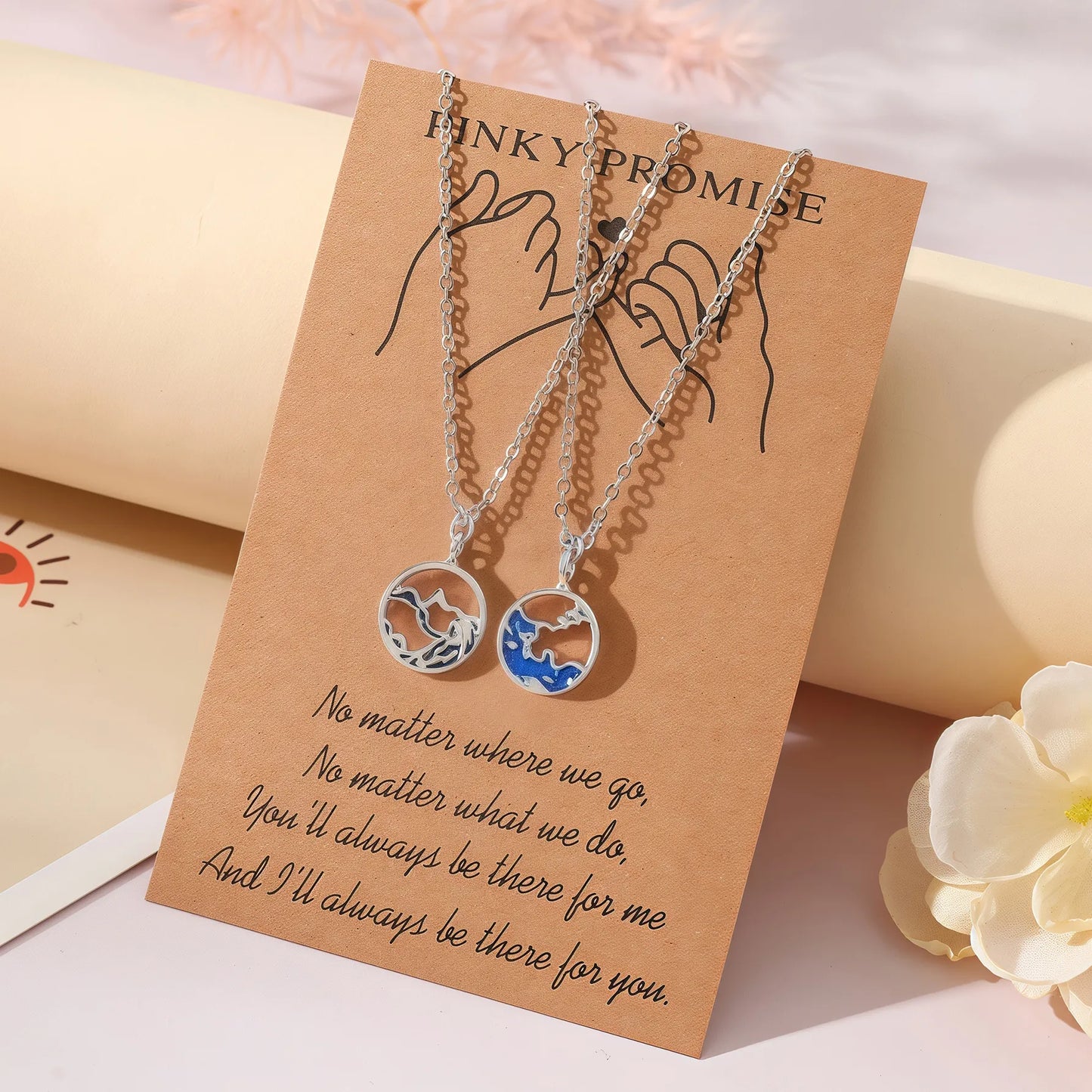 Lot de 2 Colliers BFF avec Carte - Lune Soleil - Montagne Mer - Best Friends Forever - Amitié - Promesse petit doigt