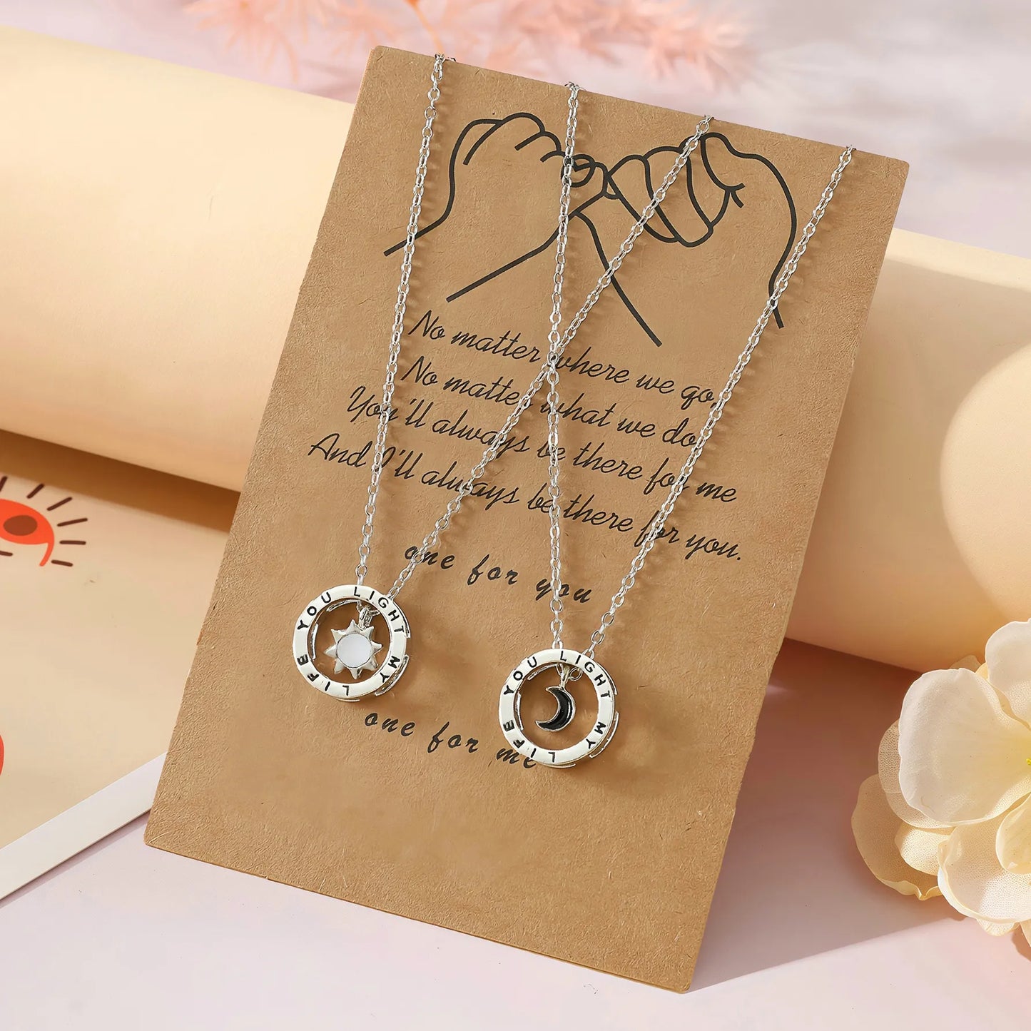 Lot de 2 Colliers BFF avec Carte - Lune Soleil - Montagne Mer - Best Friends Forever - Amitié - Promesse petit doigt