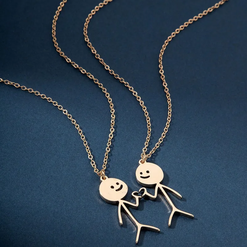 Set mit 2 Ketten, Freundschaftshalsketten – Little Men Heart Fuck Finger Honor – BFF Friends Forever – Anhänger – Liebendes Paar aus Edelstahl