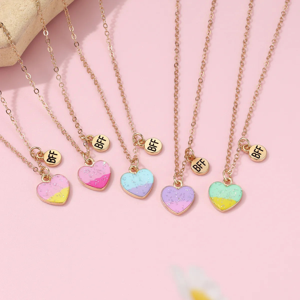 Lot de 5 Colliers BFF - Coeurs Degradé paillettes - Best Friends Forever - Amitié - À Partager