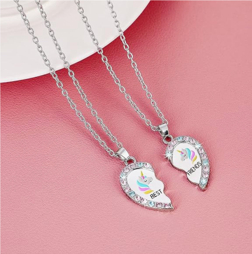 Lot de 2 Colliers D'amitié - Coeur Licornes - BFF - Best Friends Forever - Fantaisie - Pendentif et Chaine Argenté ou Doré - Amitié