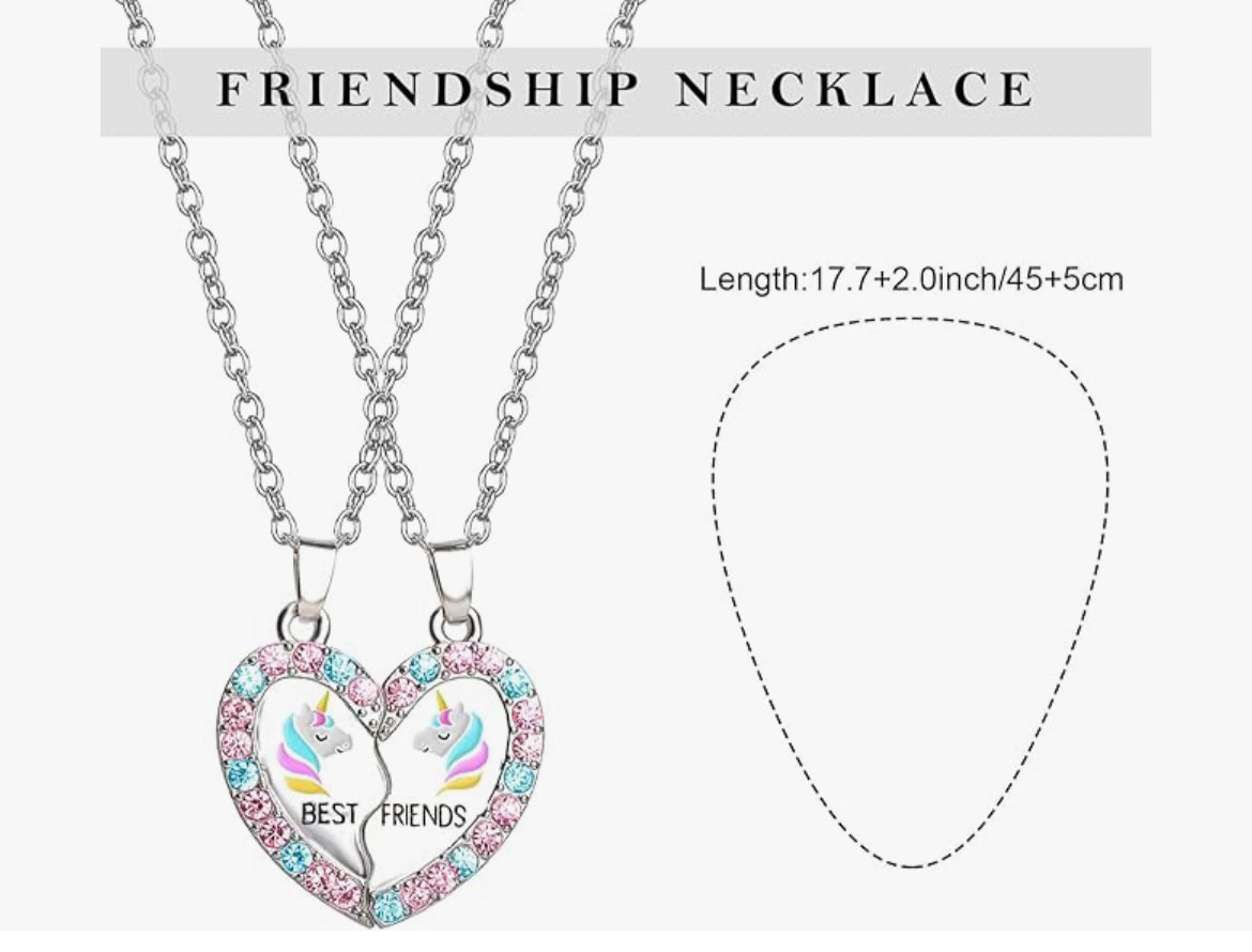 Lot de 2 Colliers D'amitié - Coeur Licornes - BFF - Best Friends Forever - Fantaisie - Pendentif et Chaine Argenté ou Doré - Amitié