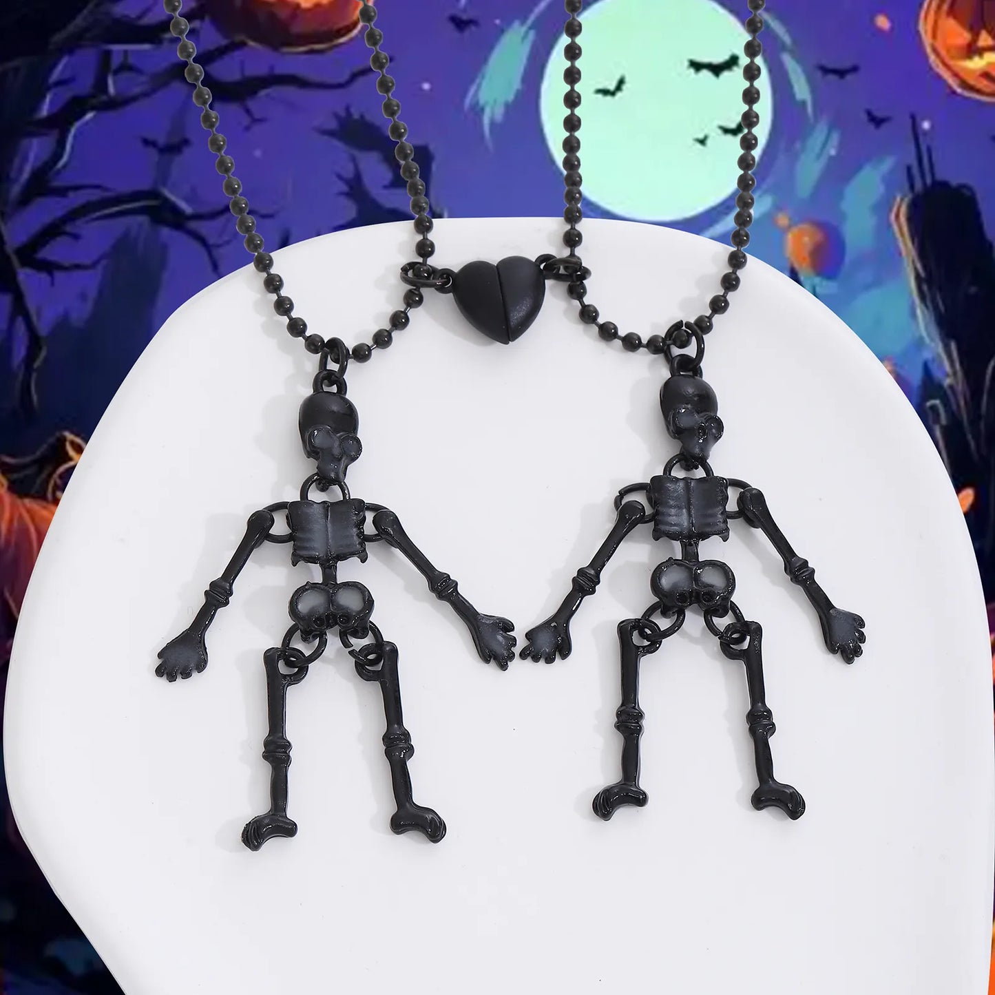 Lot de 2 Collier d'amitié Aimanté - Squelettes Phosphorescent - BFF - Best Friends Forever - Acier Inoxydable