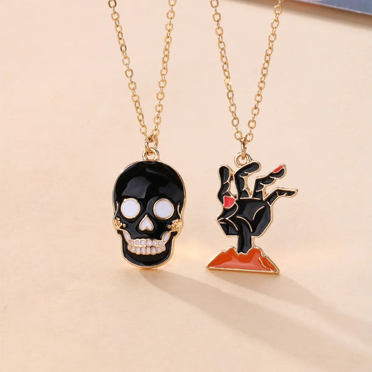 Lot de 2 Collier d'amitié - Crane Squelette et Main Effrayante - BFF - Best Friends Forever - Pendentif Doré - Amitié - Halloween