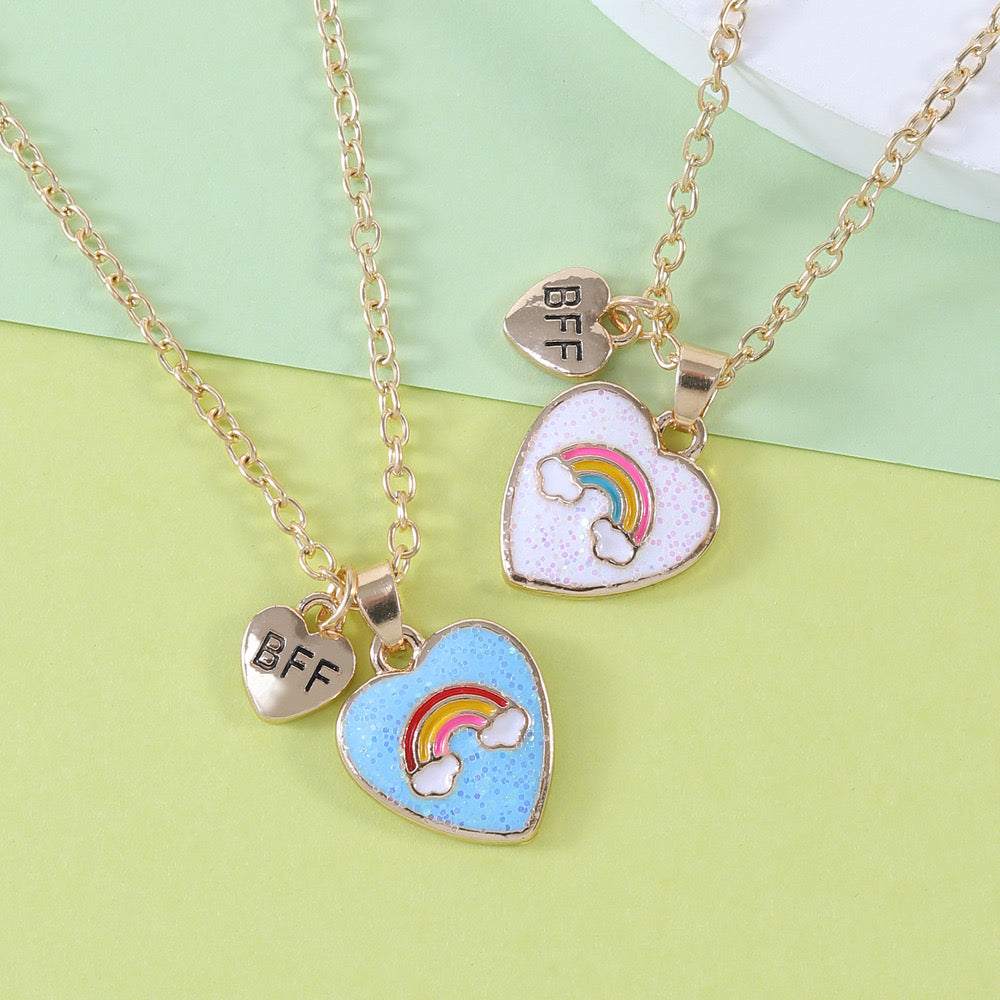 Set of 2 Chains Friendship Necklaces Heart Rainbow Clouds - BFF Best Friends Forever Lovers or Couple - Fantasy - Pendant