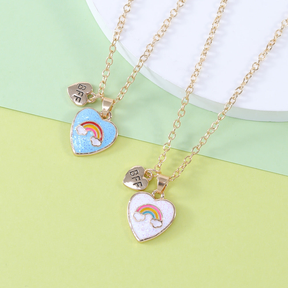 Set of 2 Chains Friendship Necklaces Heart Rainbow Clouds - BFF Best Friends Forever Lovers or Couple - Fantasy - Pendant