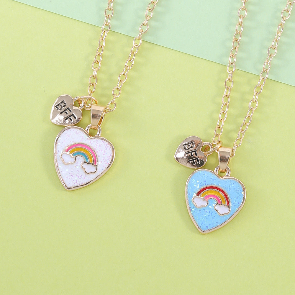 Set of 2 Chains Friendship Necklaces Heart Rainbow Clouds - BFF Best Friends Forever Lovers or Couple - Fantasy - Pendant