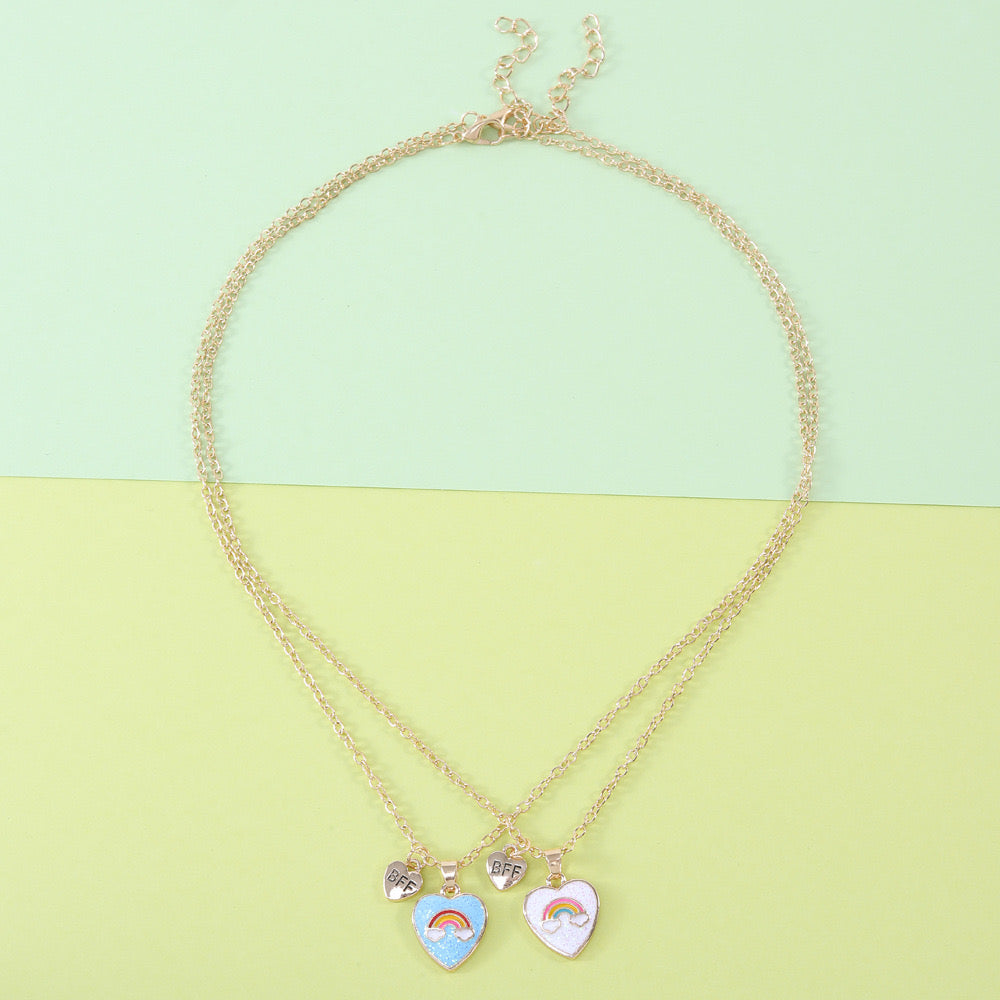 Set of 2 Chains Friendship Necklaces Heart Rainbow Clouds - BFF Best Friends Forever Lovers or Couple - Fantasy - Pendant