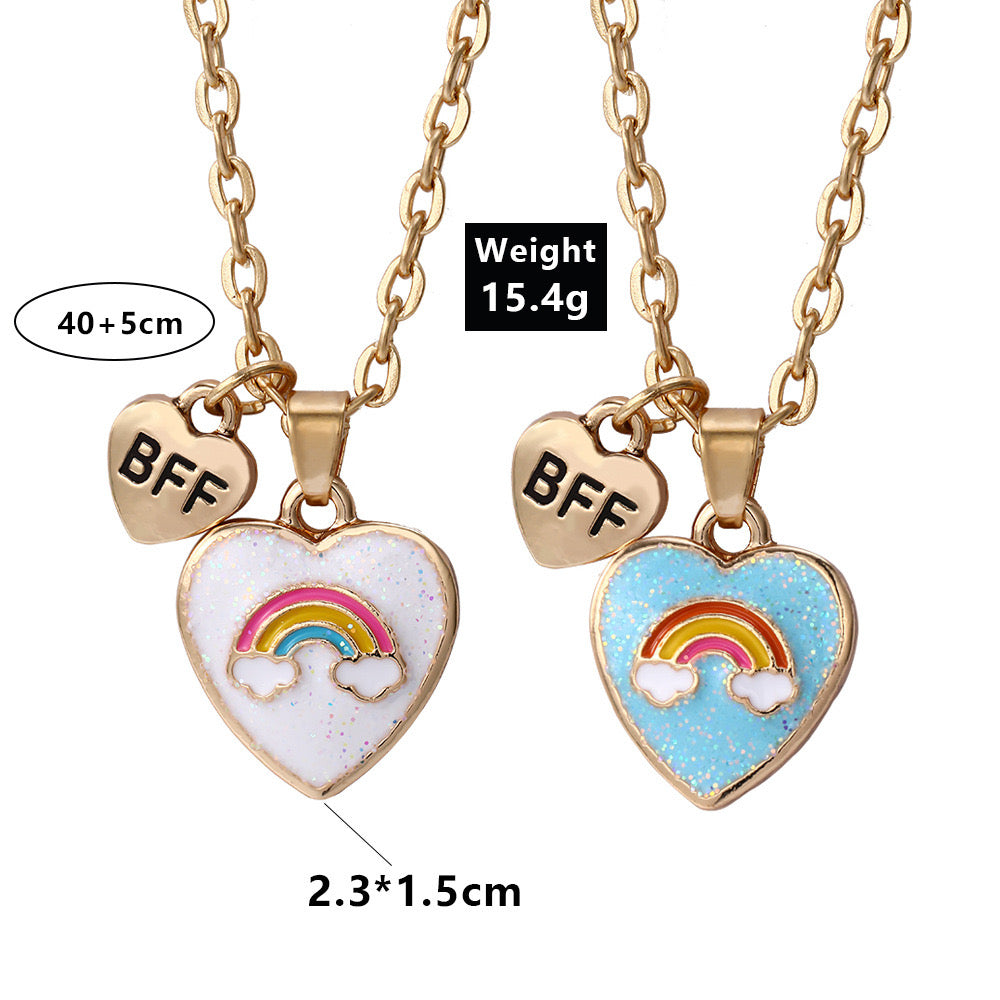 Set of 2 Chains Friendship Necklaces Heart Rainbow Clouds - BFF Best Friends Forever Lovers or Couple - Fantasy - Pendant