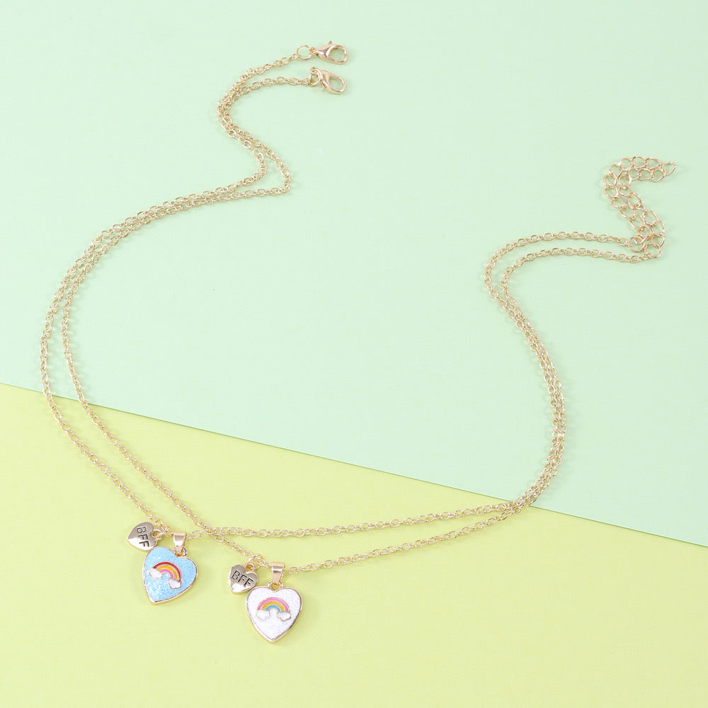 Set of 2 Chains Friendship Necklaces Heart Rainbow Clouds - BFF Best Friends Forever Lovers or Couple - Fantasy - Pendant