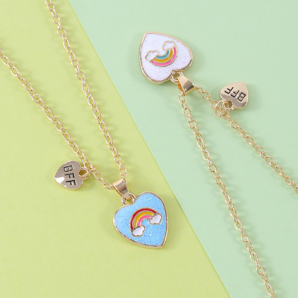 Set of 2 Chains Friendship Necklaces Heart Rainbow Clouds - BFF Best Friends Forever Lovers or Couple - Fantasy - Pendant