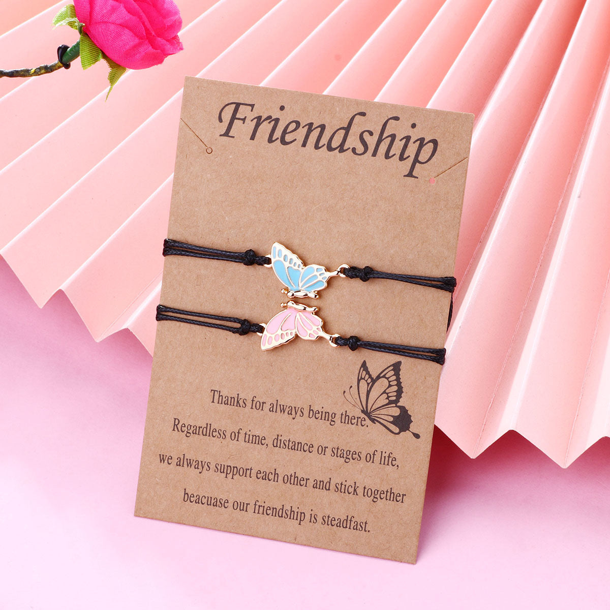 CHILD - Set of 2 Adjustable Butterfly Friendship Cord Bracelets - BFF Best Friends Forever - Fantasy - Pendant