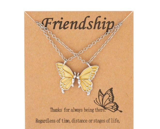 Set of 2 Butterfly Friendship Necklaces - BFF Best Friends Forever - Fantasy - Gold or Silver Pendant