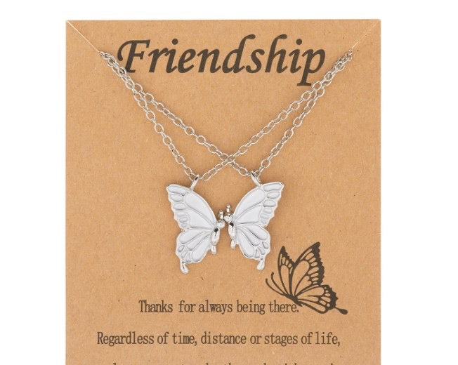 Set of 2 Butterfly Friendship Necklaces - BFF Best Friends Forever - Fantasy - Gold or Silver Pendant