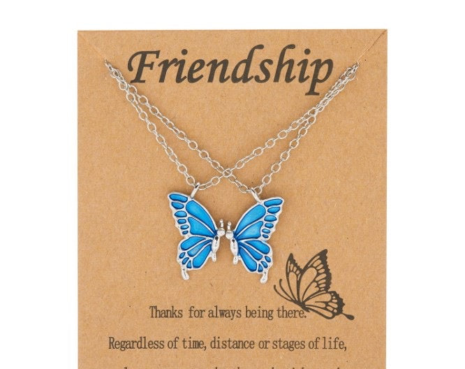 Set of 2 Butterfly Friendship Necklaces - BFF Best Friends Forever - Fantasy - Gold or Silver Pendant