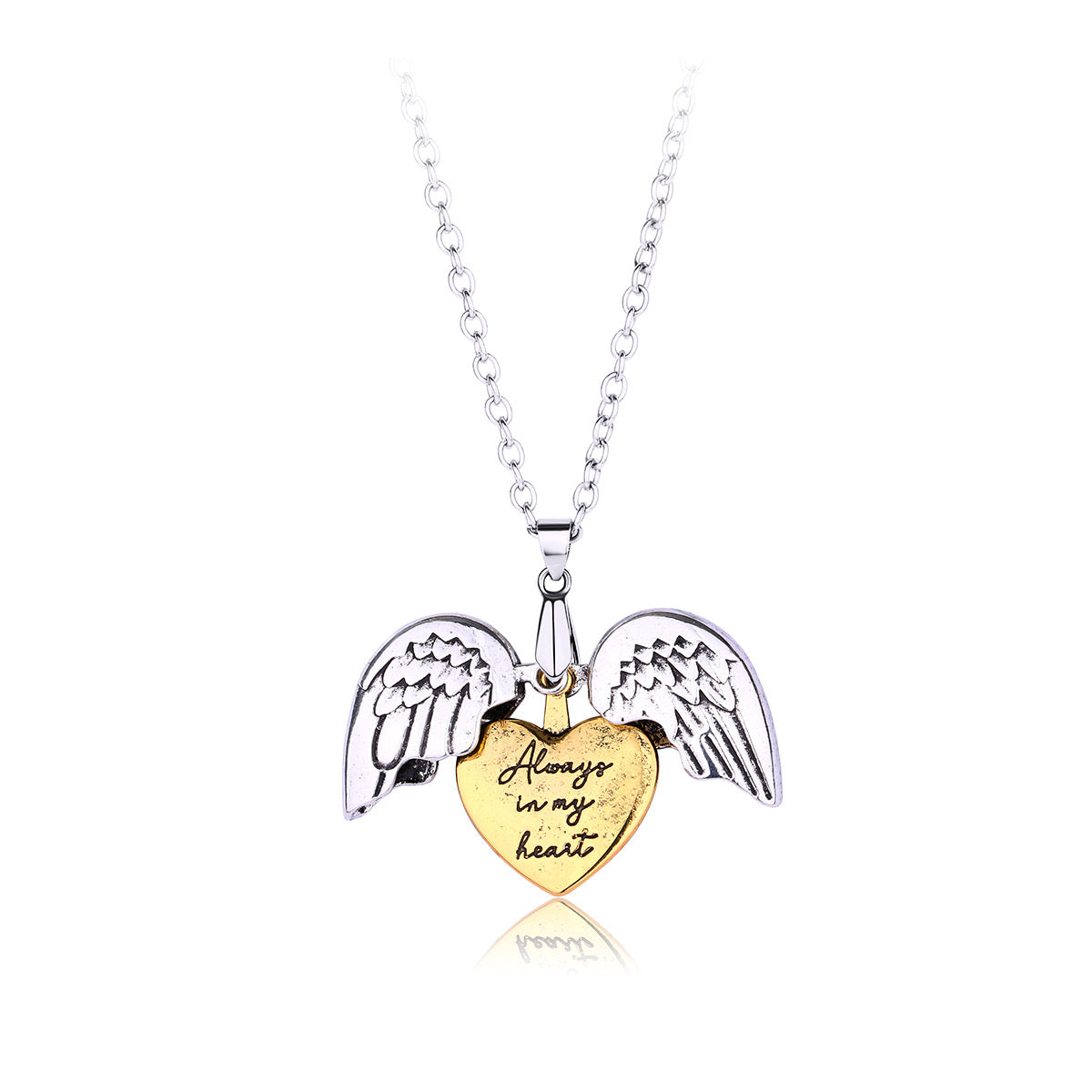 Collier avec Pendentif - 2 Ailes d’Ange qui s'ouvrent sur un Coeur - Always in my Heart - Gravure