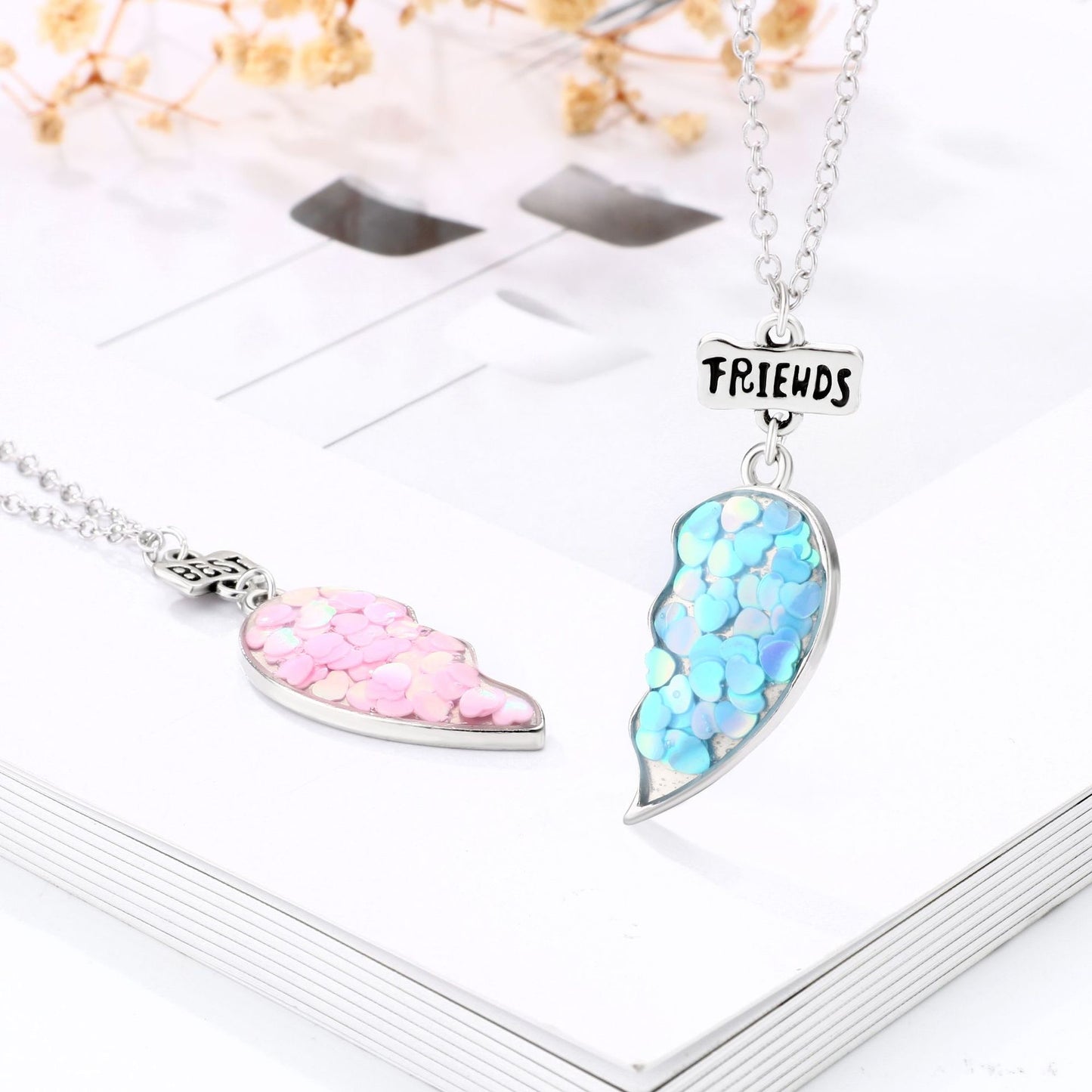 Lot de 2 Colliers D'amitié - Coeur Paillettes - BFF - Best Friends Forever - Amitié - Mignon - À Partager