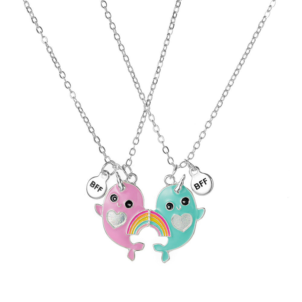 Lot de 2 Colliers D'amitié Aimanté - Baleines Arc en Ciel - BFF - Best Friends Forever - Fantaisie - Pendentif Aimanté - Amitié