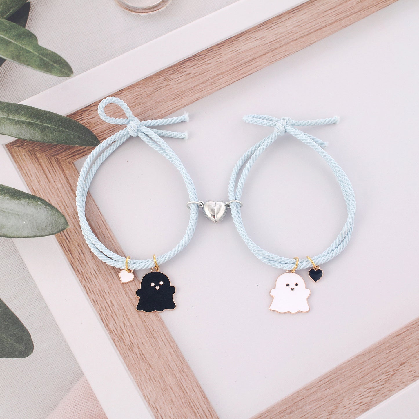 Lot de 2 Bracelets D'amitié Cordon Elastique - Petit Fantôme - BFF - Best Friends Forever - Fantaisie - Pendentif Aimanté Coeur