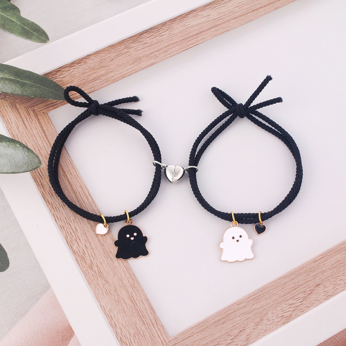 Lot de 2 Bracelets D'amitié Cordon Elastique - Petit Fantôme - BFF - Best Friends Forever - Fantaisie - Pendentif Aimanté Coeur