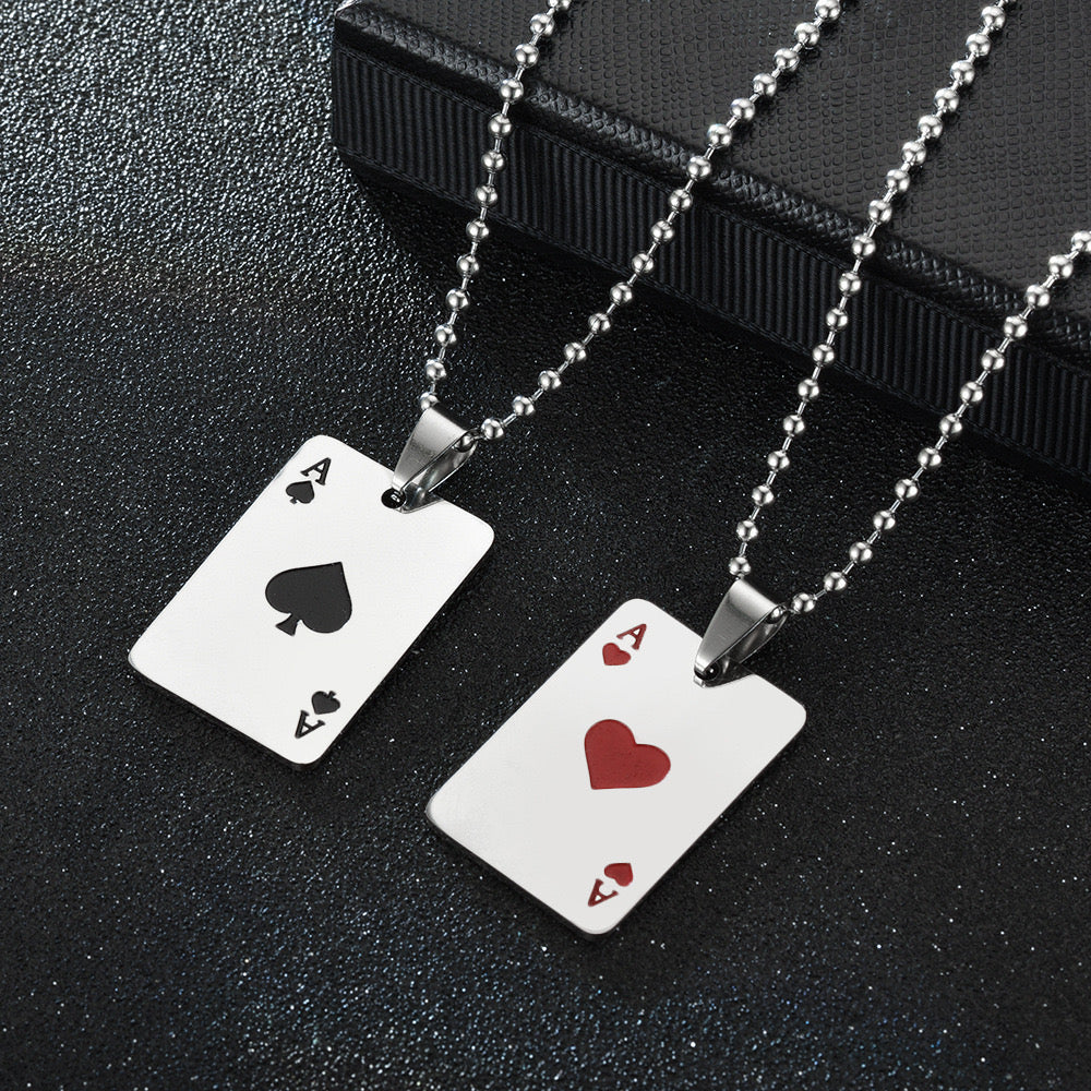 Collier Pendentif As de Coeur Lucky Poker - Porte Bonheur - Acier Inoxydable