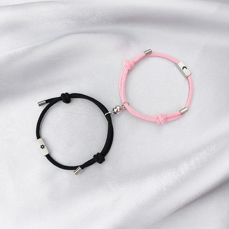 Lot de 2 Bracelets D'amitié Cordon Réglable - Lune Soleil - BFF - Best Friends Forever - Pendentif Aimanté Boule - Amoureux Couple Amitié