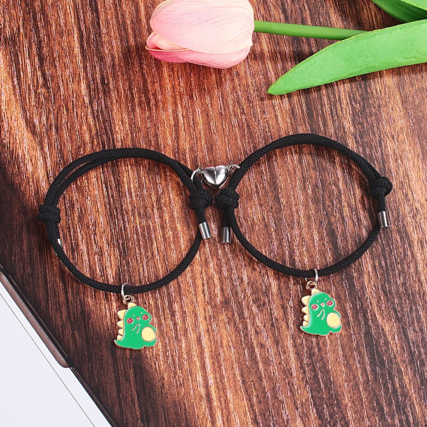 CHILD - Set of 2 Adjustable Cord Bracelets for Friendship Little Dinosaur - BFF Best Friends Forever - Fantasy - Magnetic Pendant