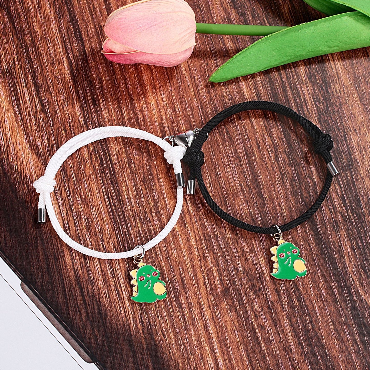 CHILD - Set of 2 Adjustable Cord Bracelets for Friendship Little Dinosaur - BFF Best Friends Forever - Fantasy - Magnetic Pendant