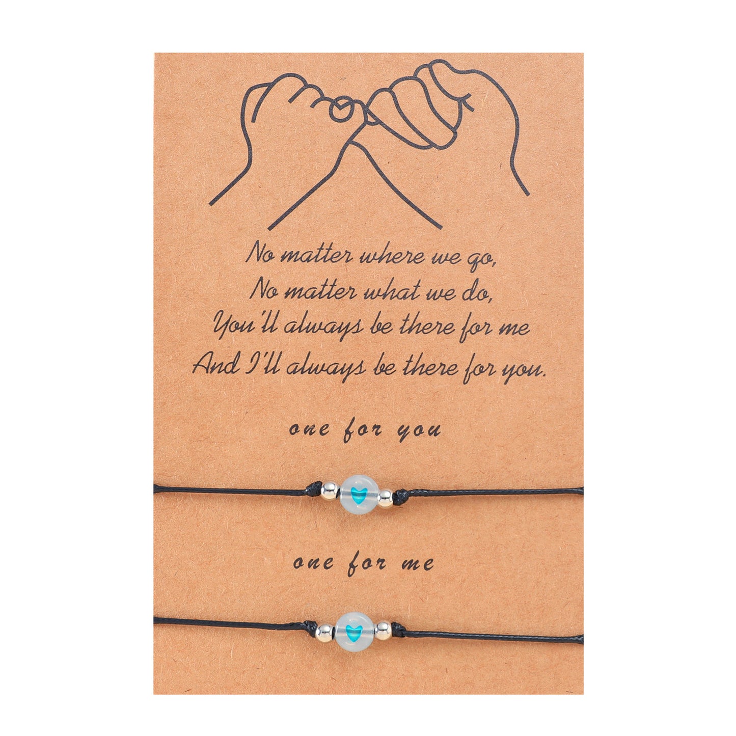 Lot de 2 Bracelets D'amitié Cordon Réglable avec Carte - Petit Coeur Phosphorescent - BFF - Best Friends Forever - Amitié