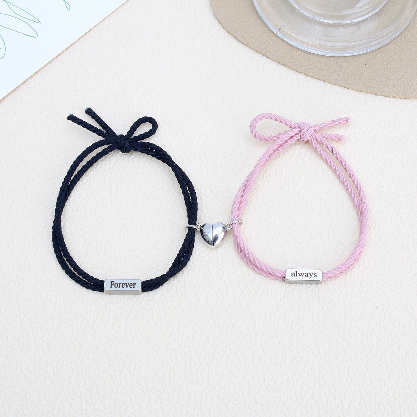 CHILD - Set of 2 Forever Always Elastic Friendship Cord Bracelets - BFF Best Friends Forever - Fantasy - Magnetic Pendant
