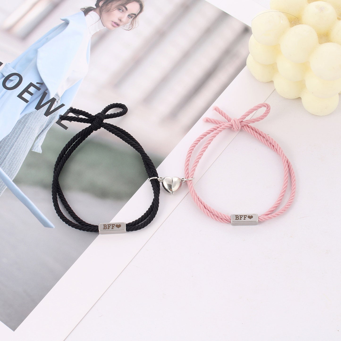 Lot de 2 Bracelets D'amitié Cordon Elastique - BFF - Cœur - Best Friends Forever - Amitié - Pendentif Aimanté Coeur