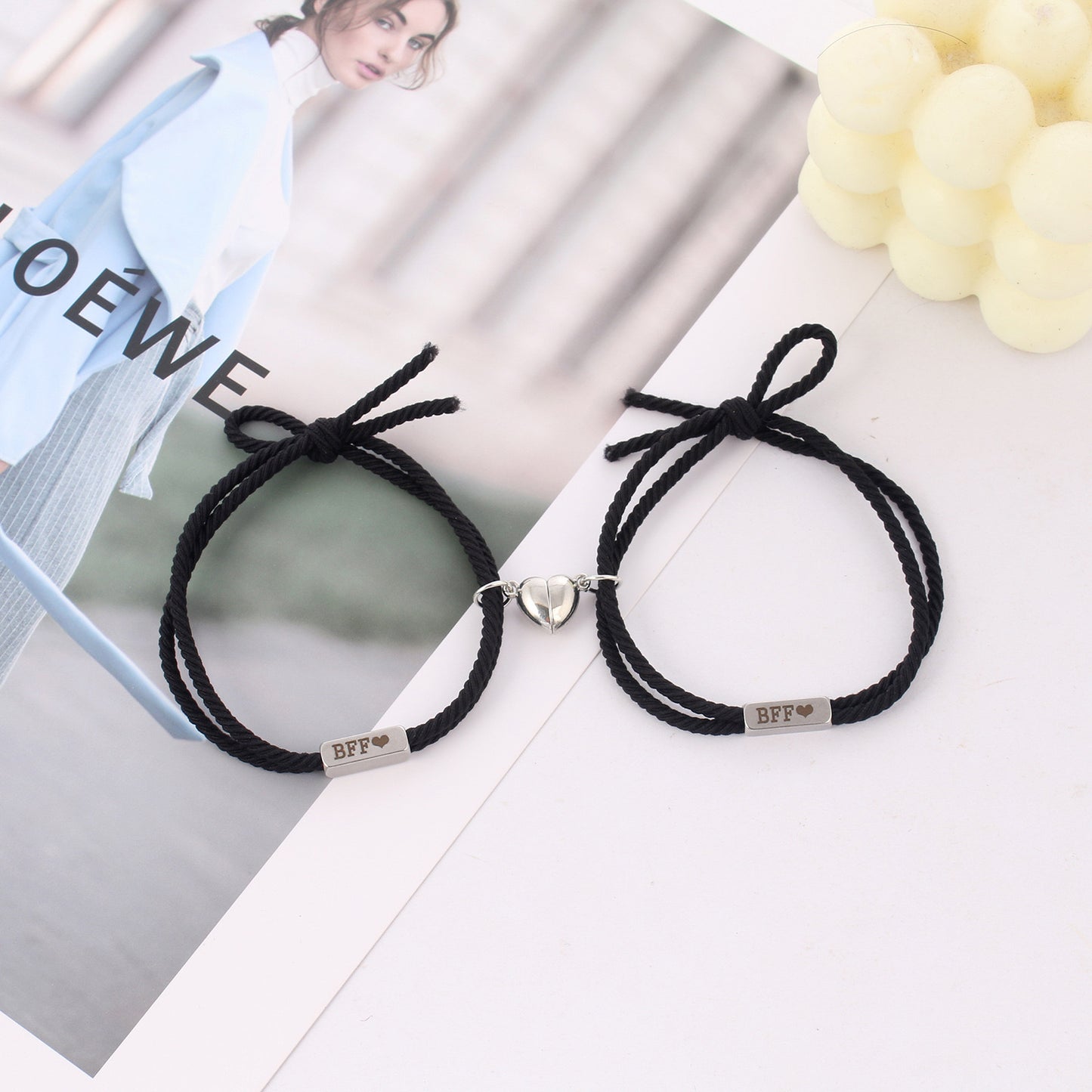 Lot de 2 Bracelets D'amitié Cordon Elastique - BFF - Cœur - Best Friends Forever - Amitié - Pendentif Aimanté Coeur