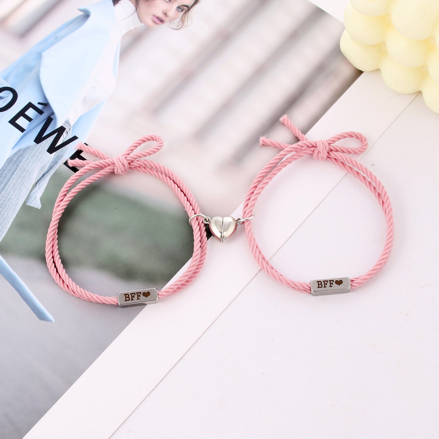Lot de 2 Bracelets D'amitié Cordon Elastique - BFF - Cœur - Best Friends Forever - Amitié - Pendentif Aimanté Coeur