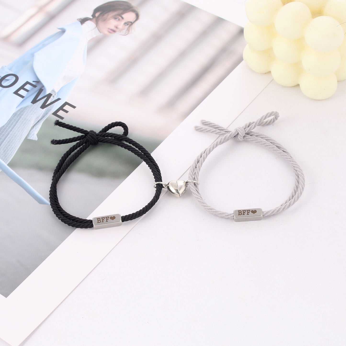 Lot de 2 Bracelets D'amitié Cordon Elastique - BFF - Cœur - Best Friends Forever - Amitié - Pendentif Aimanté Coeur