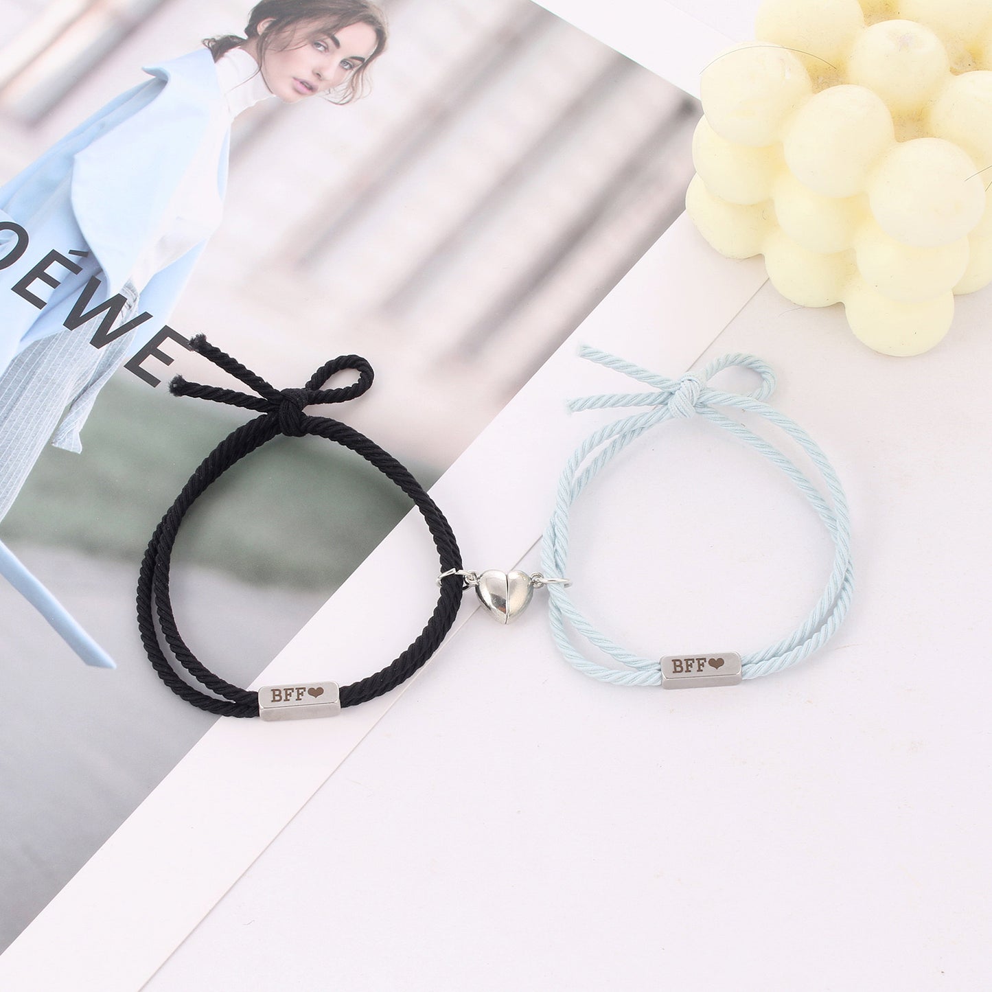 Lot de 2 Bracelets D'amitié Cordon Elastique - BFF - Cœur - Best Friends Forever - Amitié - Pendentif Aimanté Coeur