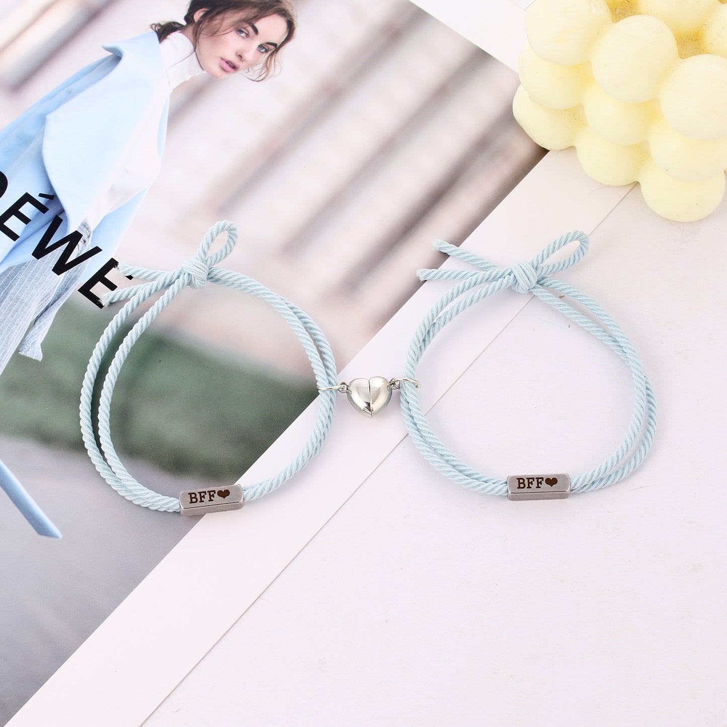 Lot de 2 Bracelets D'amitié Cordon Elastique - BFF - Cœur - Best Friends Forever - Amitié - Pendentif Aimanté Coeur