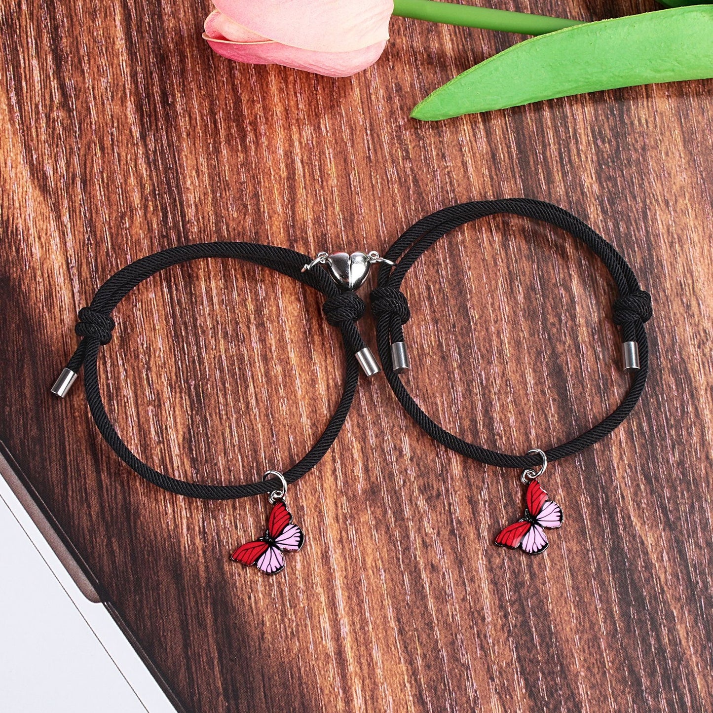 Lot de 2 Bracelets D'amitié Cordon Réglable - Papillons - BFF - Best Friends Forever - Amitié - Pendentif Aimanté Coeur