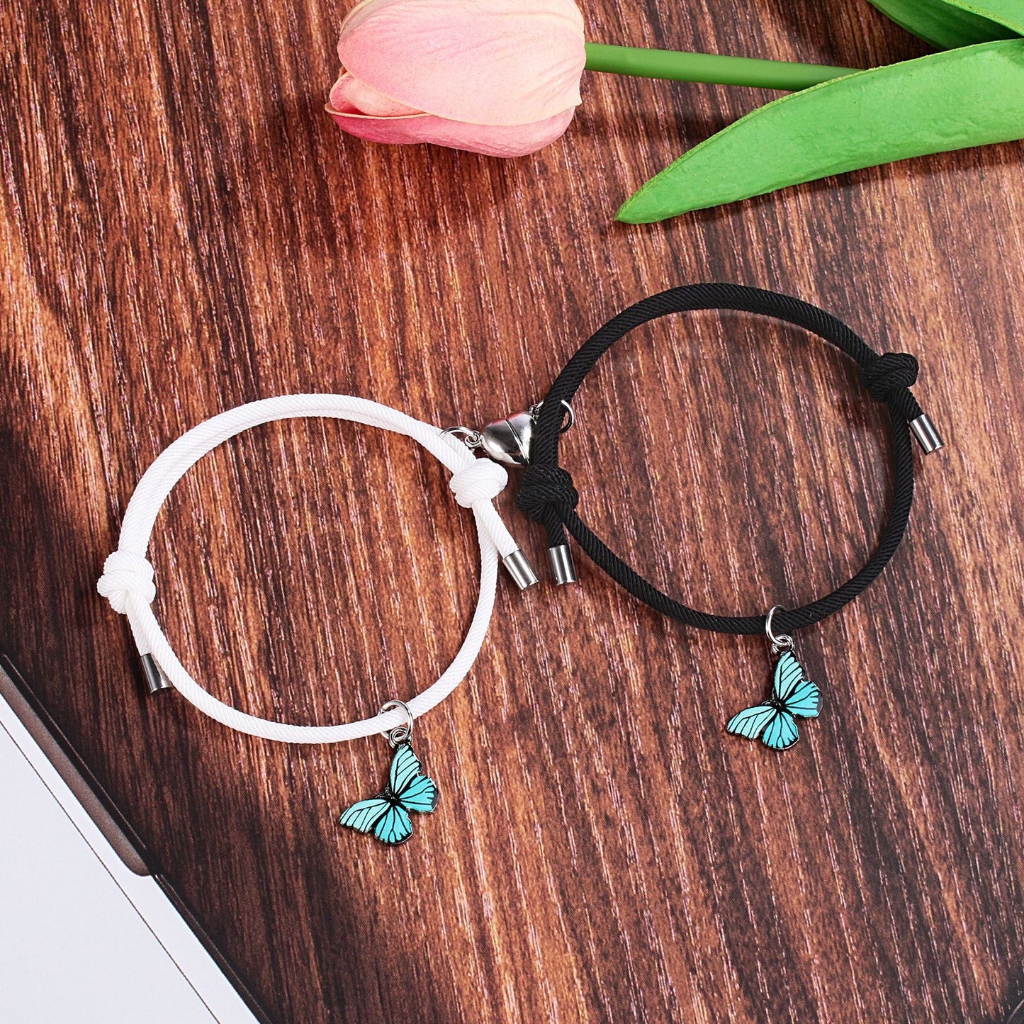 Lot de 2 Bracelets D'amitié Cordon Réglable - Papillons - BFF - Best Friends Forever - Amitié - Pendentif Aimanté Coeur