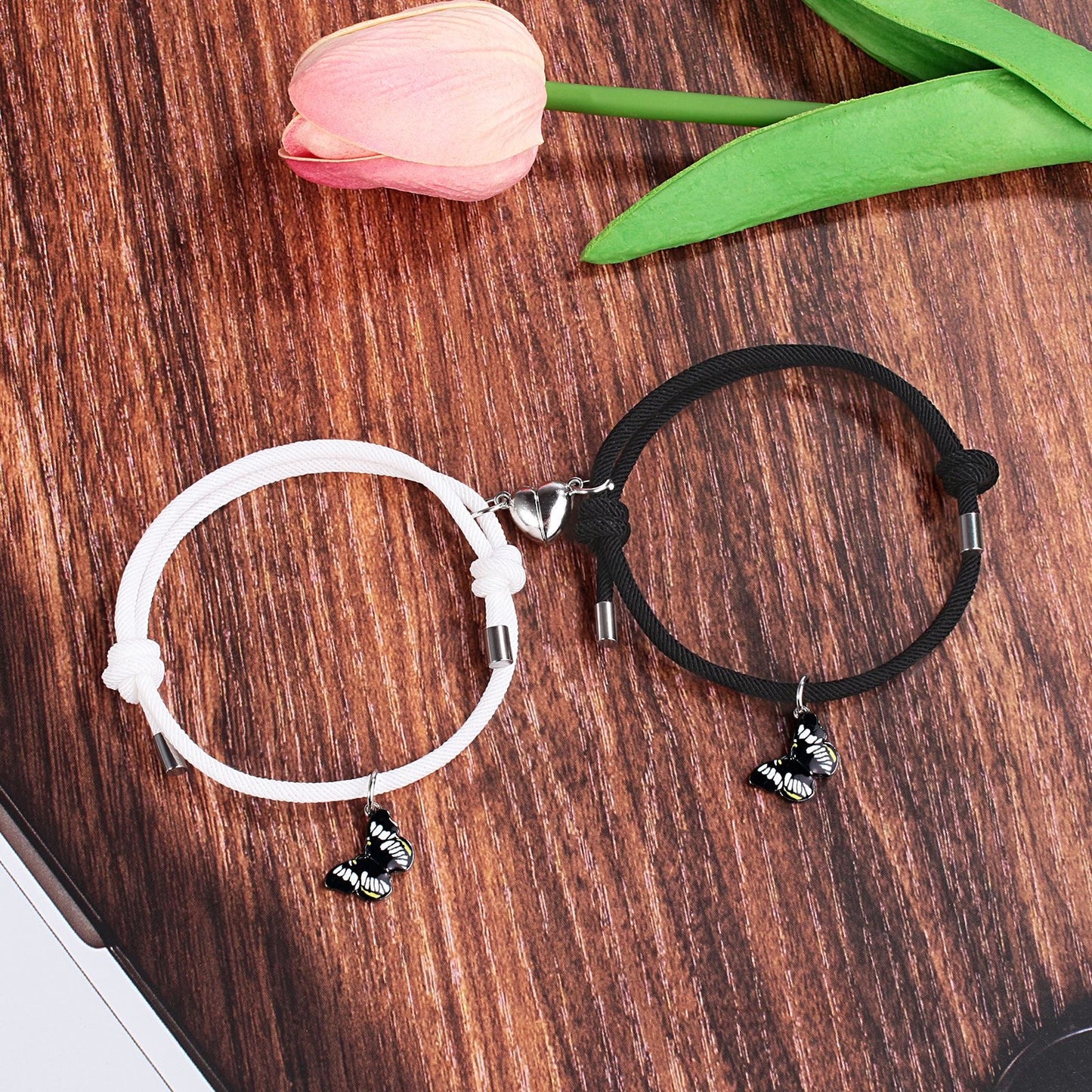 Lot de 2 Bracelets D'amitié Cordon Réglable - Papillons - BFF - Best Friends Forever - Amitié - Pendentif Aimanté Coeur
