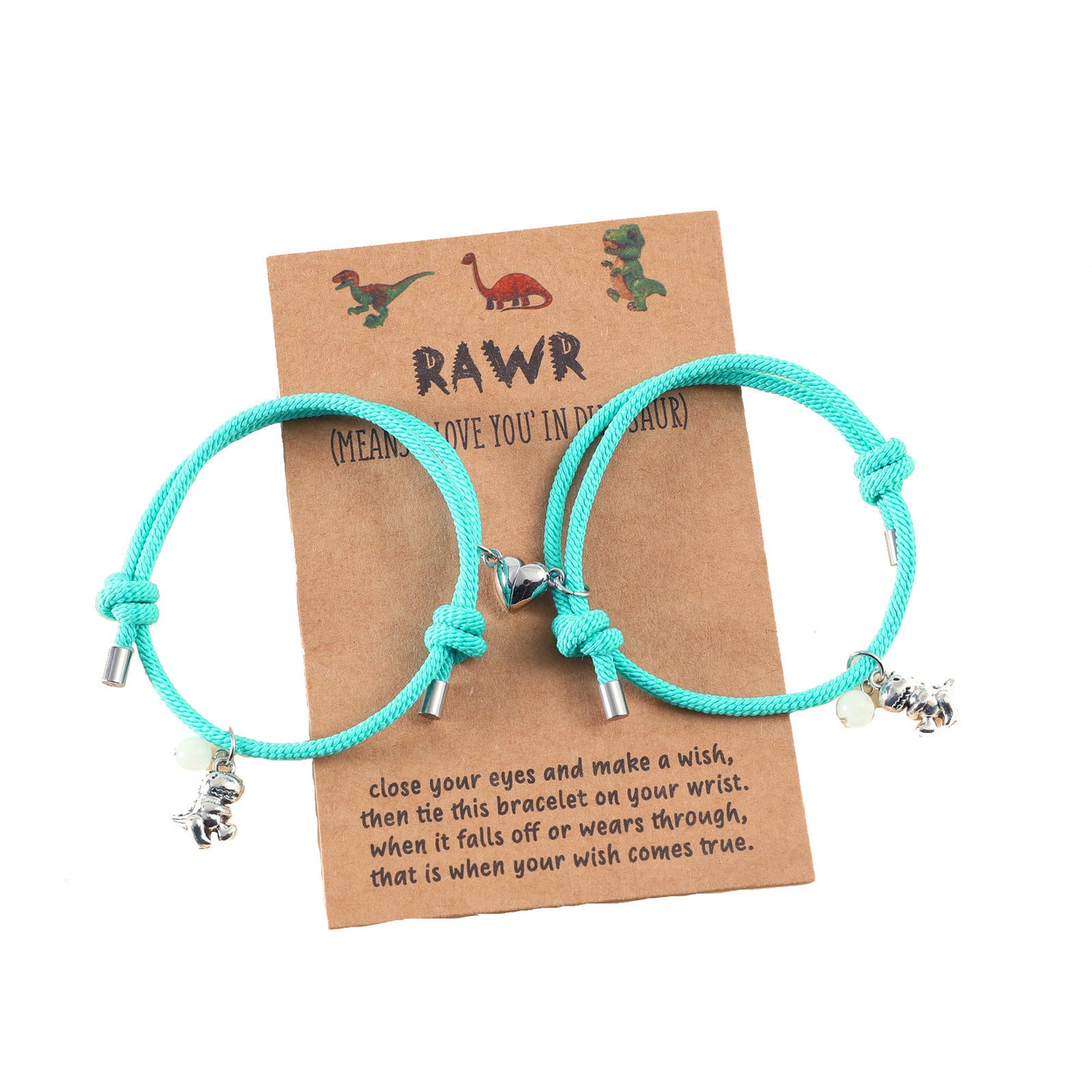 CHILD - Set of 2 Adjustable Cord Bracelets for Friendship Little Glow-in-the-Dark Dinosaur - BFF Best Friends Forever - Fantasy - Magnetic Pendant