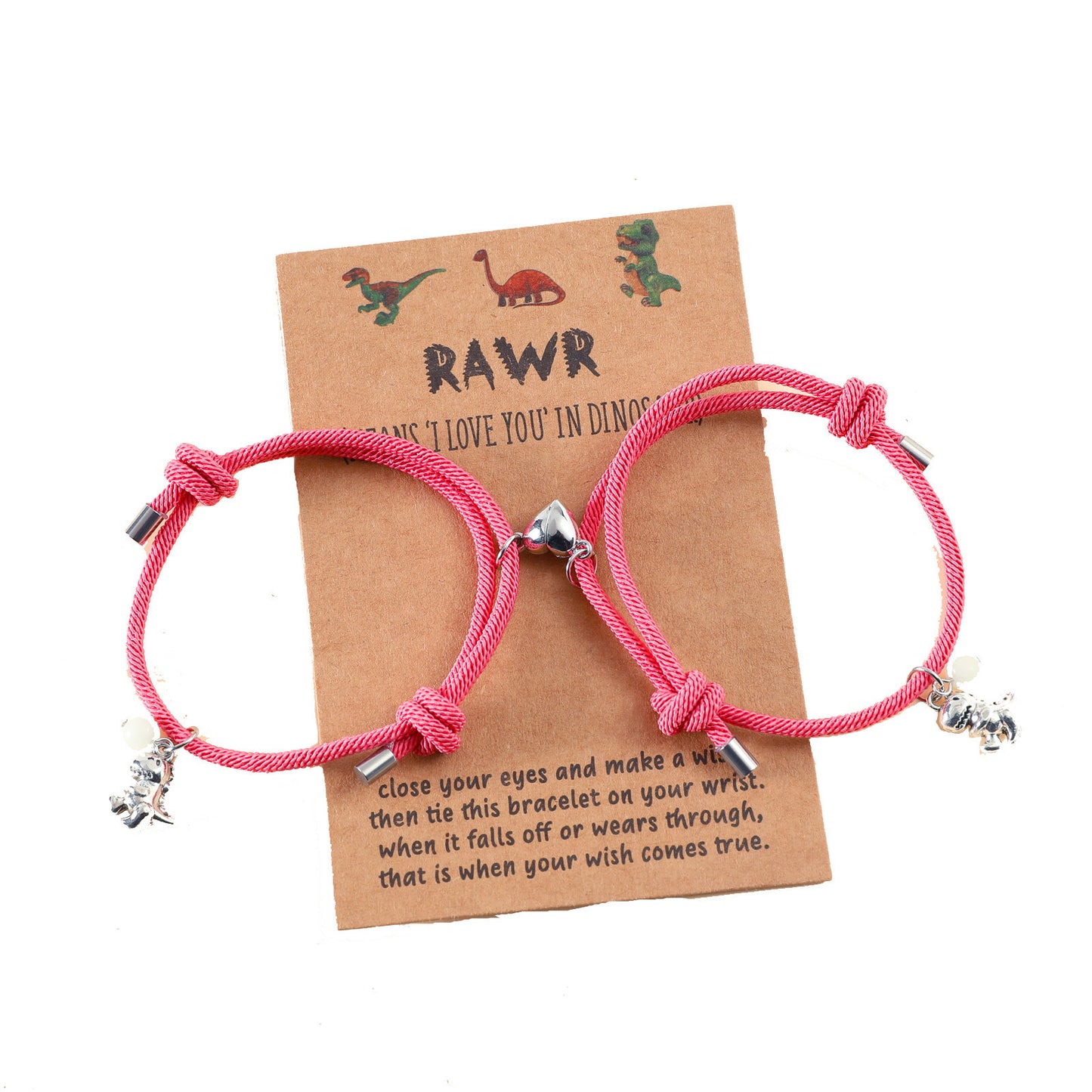 CHILD - Set of 2 Adjustable Cord Bracelets for Friendship Little Glow-in-the-Dark Dinosaur - BFF Best Friends Forever - Fantasy - Magnetic Pendant