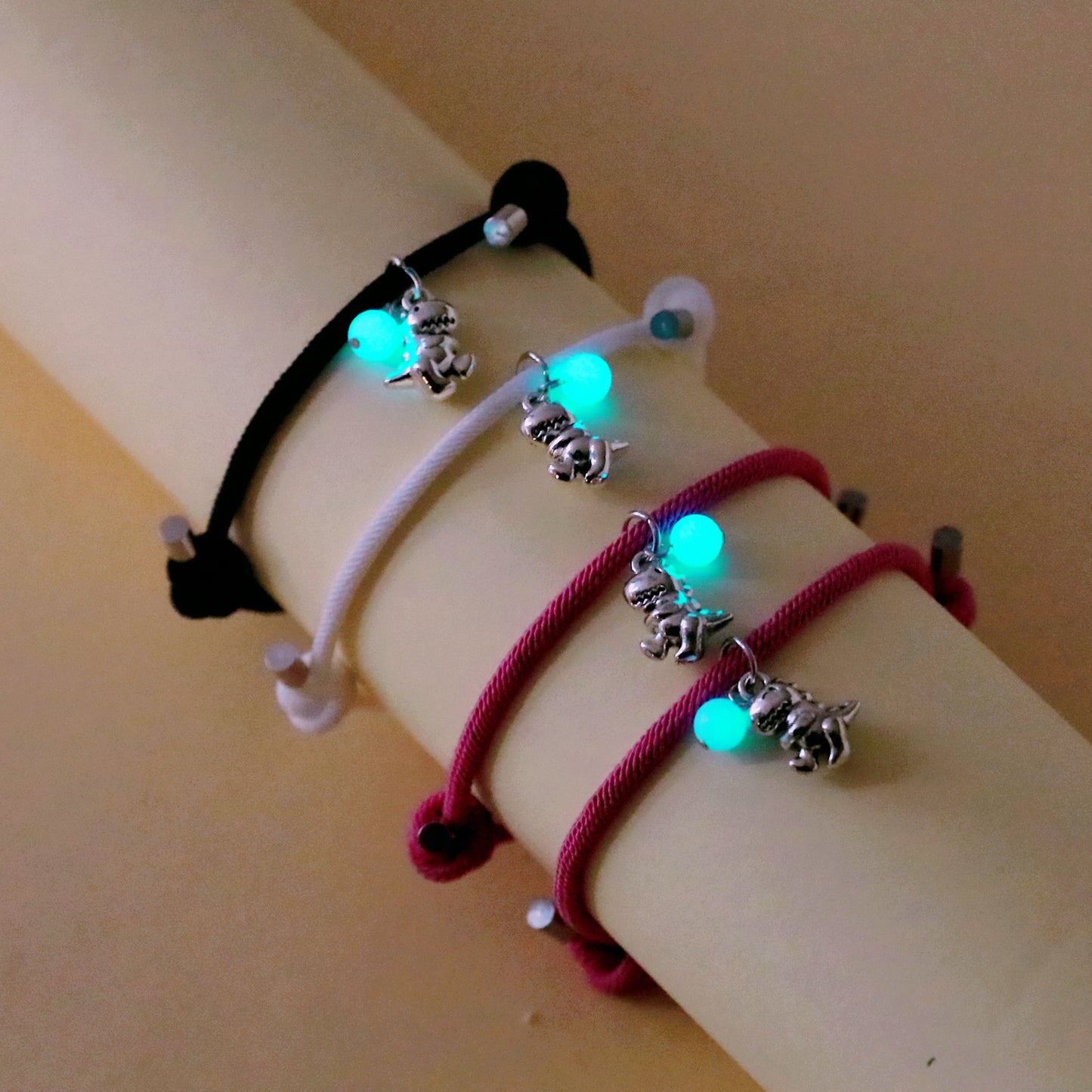 CHILD - Set of 2 Adjustable Cord Bracelets for Friendship Little Glow-in-the-Dark Dinosaur - BFF Best Friends Forever - Fantasy - Magnetic Pendant