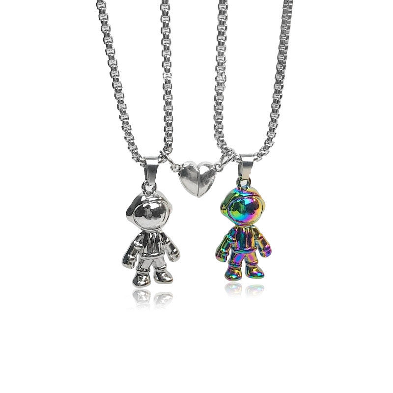 Lot de 2 Colliers D'amitié - Hip Hop Astronaute - BFF - Best Friends Forever - Pendentif Aimanté Coeur - Amoureux Couple Amitié