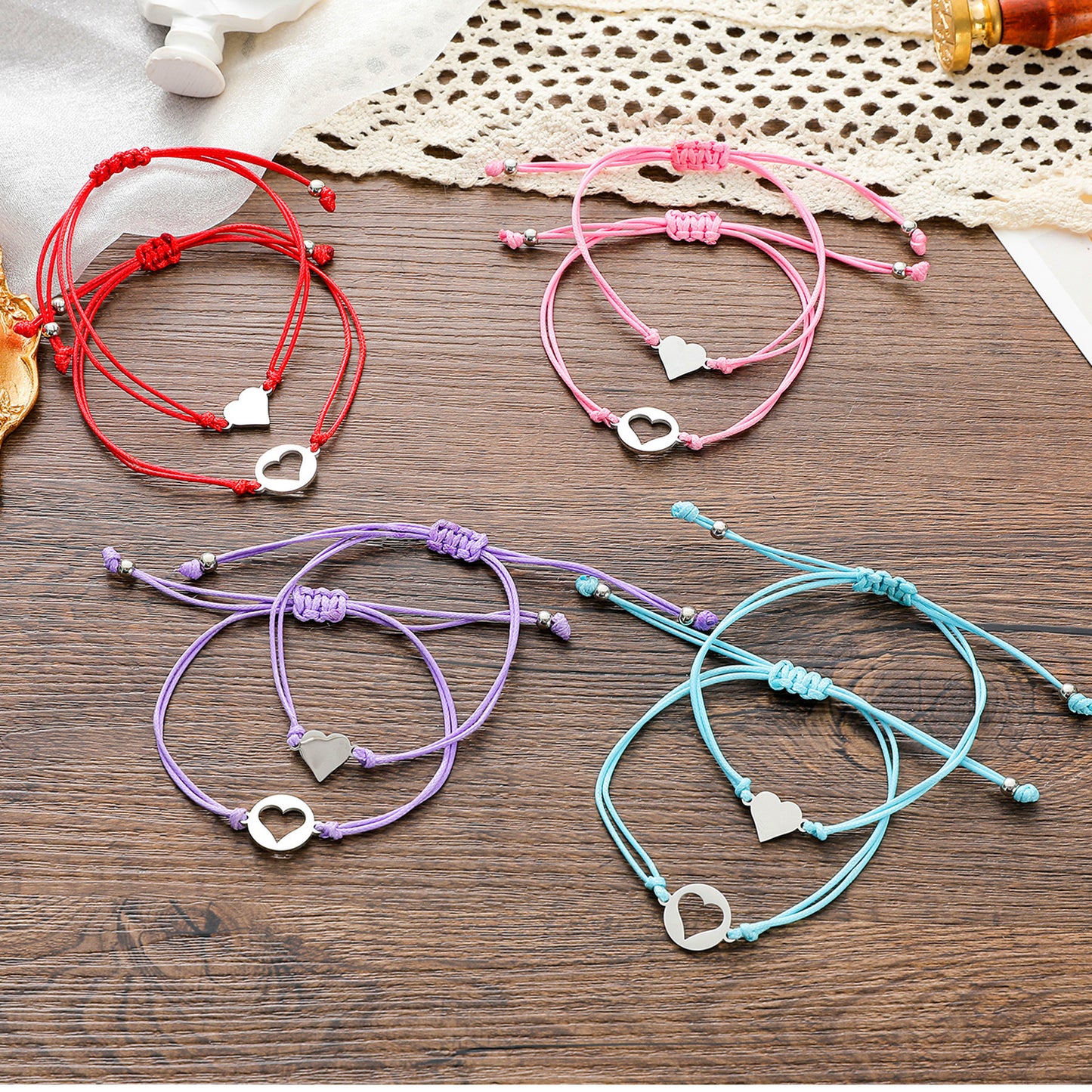 Lot de 2 Bracelets Réglables avec Carte - Cœur Mère Fille - Famille Parents Enfant Maman Fille - Pendentif Coeur - Acier Inoxydable