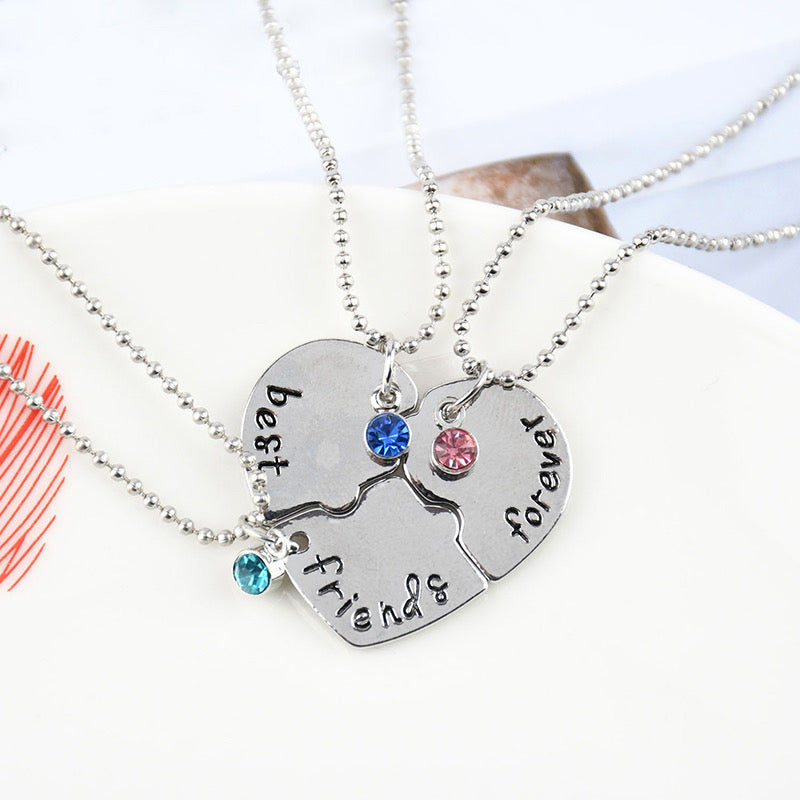 Lot de 3 Colliers D'amitié - Coeur Puzzle - BFF - Best Friends Forever - Pendentif Argenté ou Coloré - Strass - Amitié