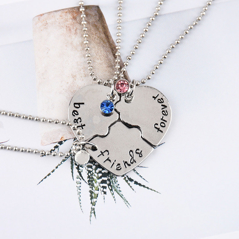 Lot de 3 Colliers D'amitié - Coeur Puzzle - BFF - Best Friends Forever - Pendentif Argenté ou Coloré - Strass - Amitié